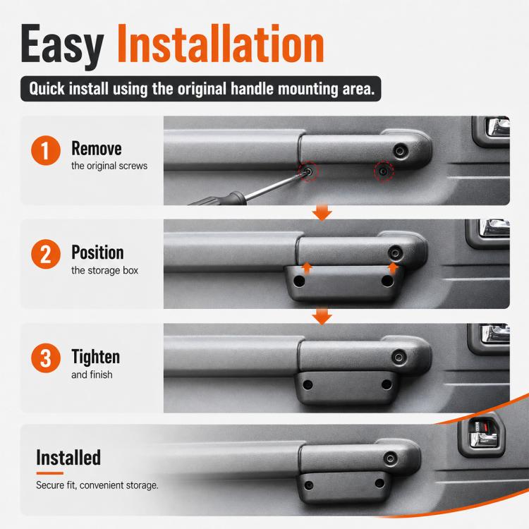 Door slot storage box installed on a car door panel at the handle mounting area