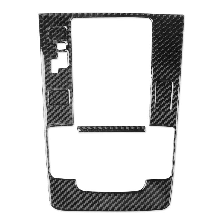 Black carbon fiber gear panel overlay with openings for shifter and buttons