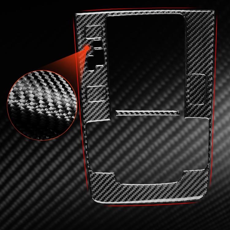 Black carbon fiber gear shift panel cover with molded cutouts