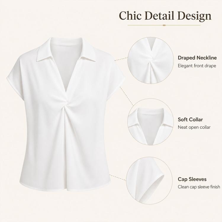 White twist V-neck blouse with soft collar, cap sleeves, and draped neckline