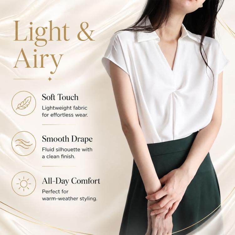 White twist V-neck cap-sleeve blouse with draped front and soft collar