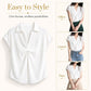 White twist V-neck cap-sleeve blouse with draped center and pointed soft collar