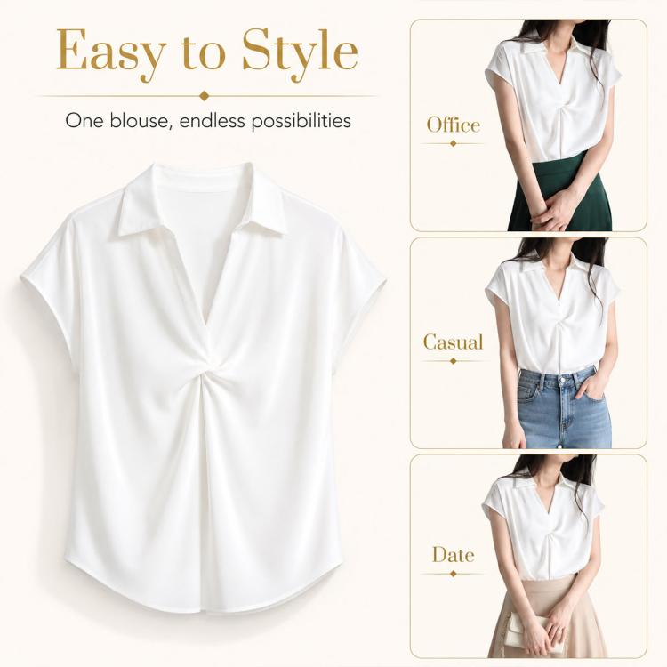 White twist V-neck cap-sleeve blouse with draped center and pointed soft collar