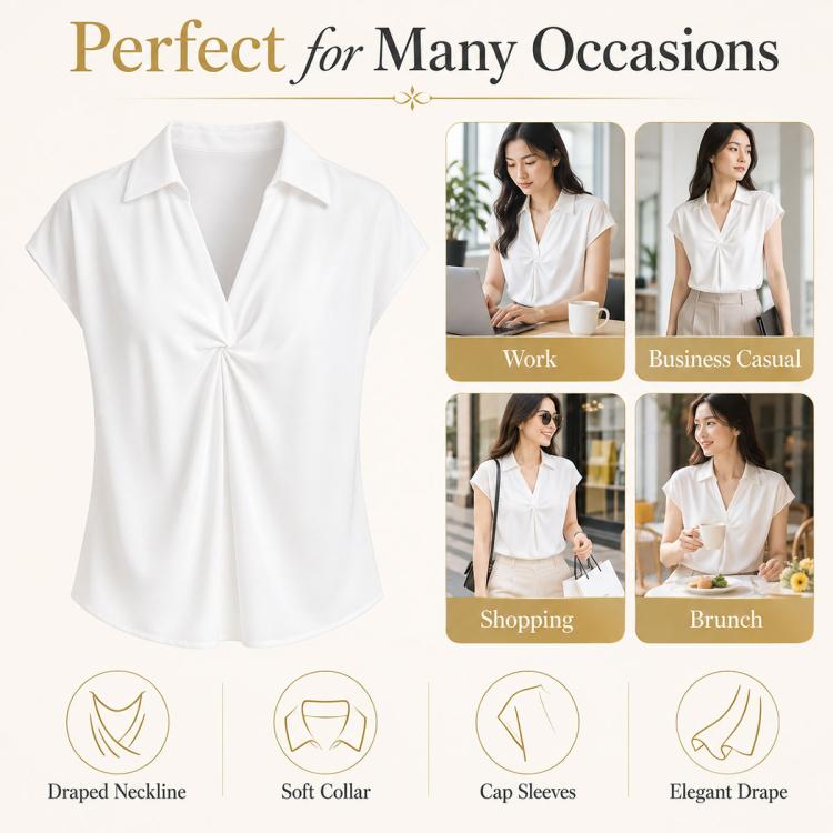 White twist V-neck cap-sleeve blouse with draped center seam and soft collar