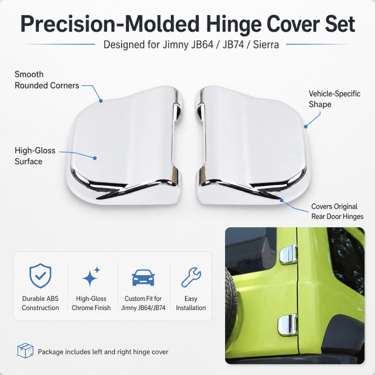 Silver door hinge protective cover set with smooth, high-gloss rounded corners