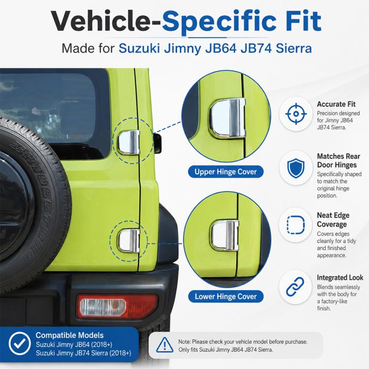 Silver upper and lower hinge cover pieces with vehicle-specific shaped fit