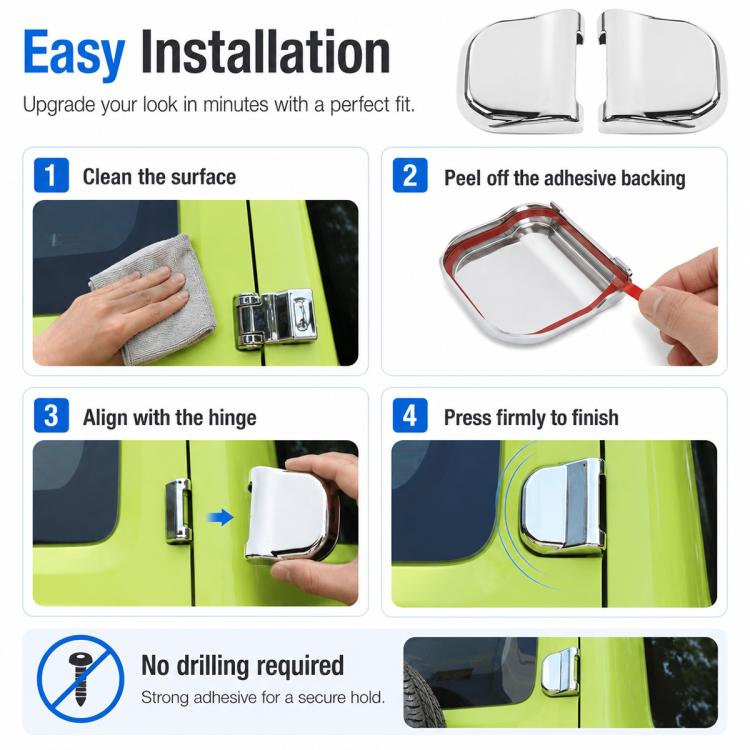 Silver hinge cover set for easy adhesive installation, two curved covers