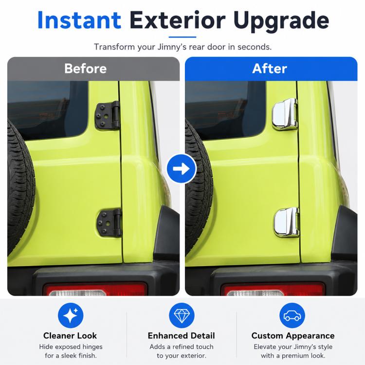 Installed silver hinge covers covering rear door hinge areas