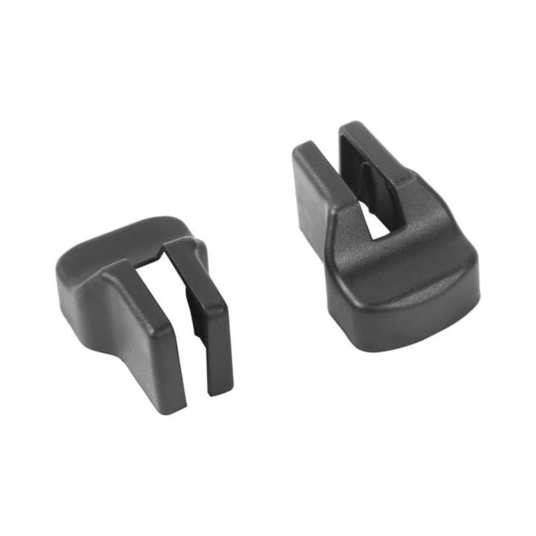 Two black molded door limiter clips, snap-on style