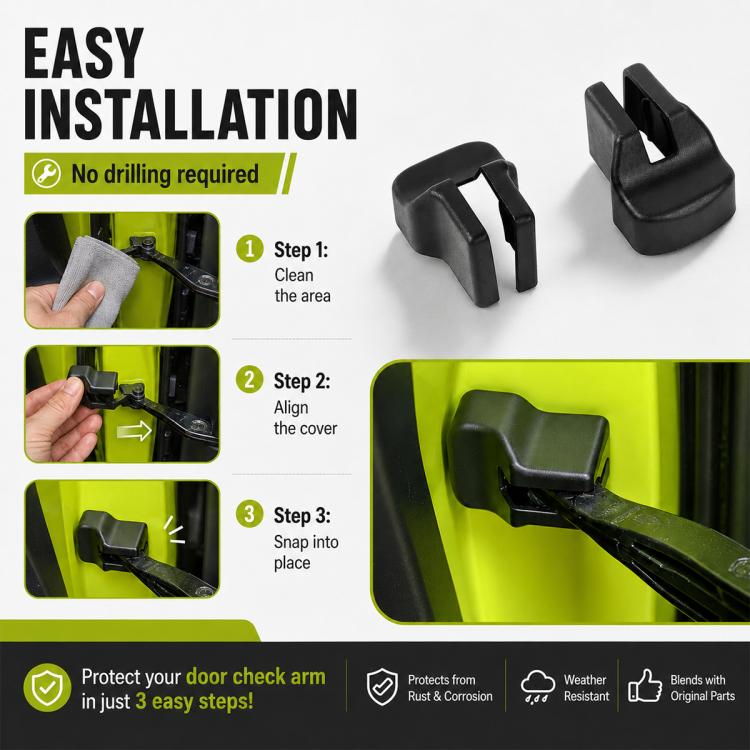 Black snap-on door limiter covers shown on the vehicle
