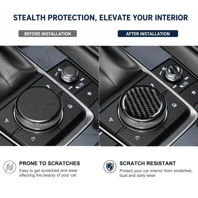 Black carbon fiber multimedia knob cover shown before and after installation