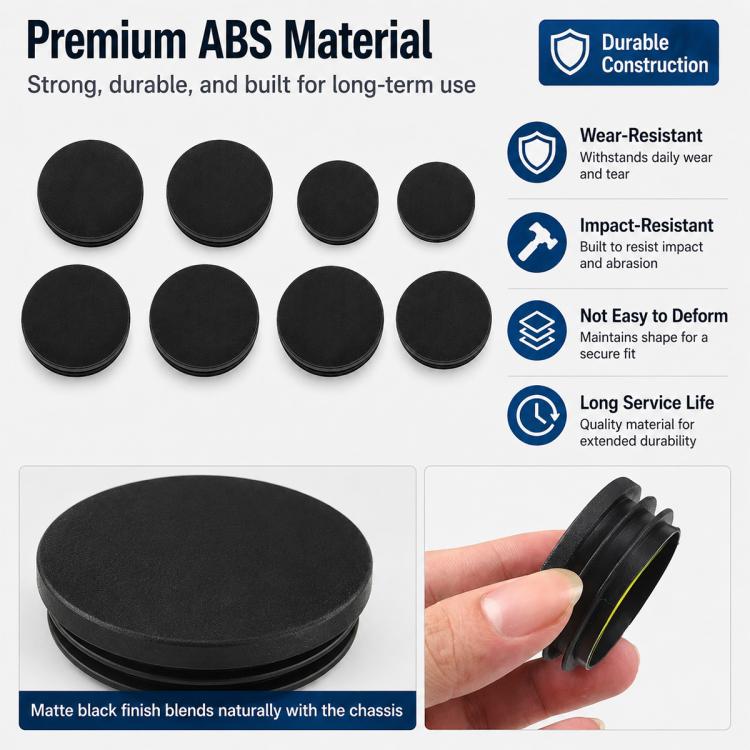 Black ABS dust plug covers set; stacked and individual cap shown