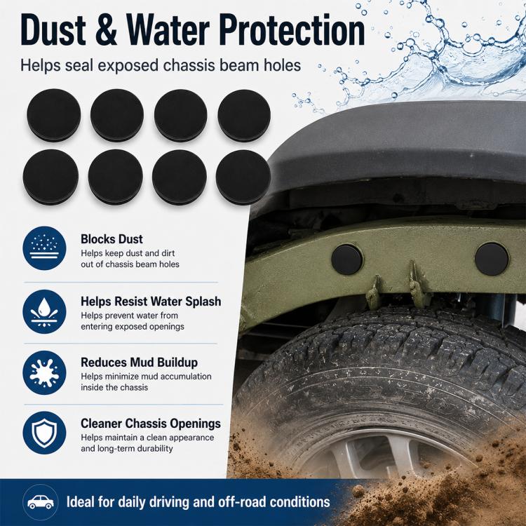 Black dust plug covers for exposed chassis beam holes, 8-piece set