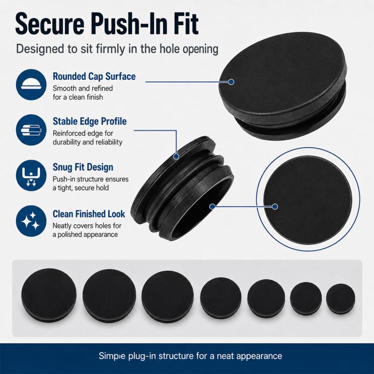 Black dust plug covers with rounded cap surface and snug push-fit design