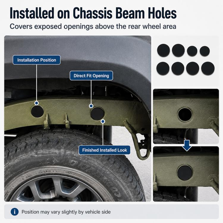 Dust plug covers installed on chassis beam holes; finished round caps shown