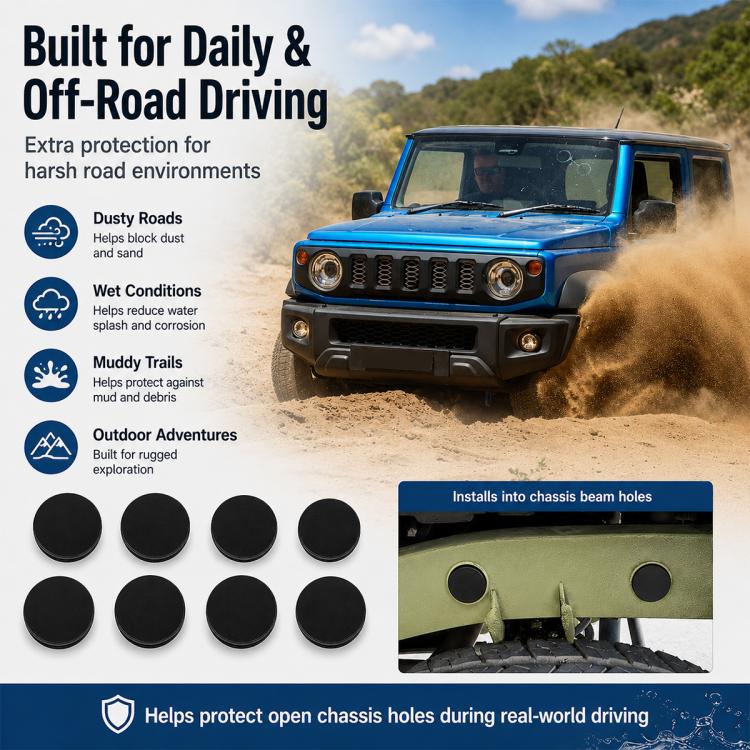 8 black dust plug covers for open chassis holes; for daily off-road driving