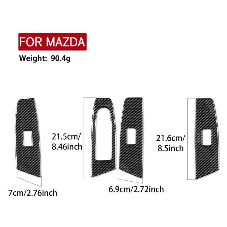 Carbon-fiber window lift panel sticker set shown with four black panels and small cutouts.