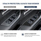 Carbon-fiber window lift panel stickers shown before and after installation on car door.