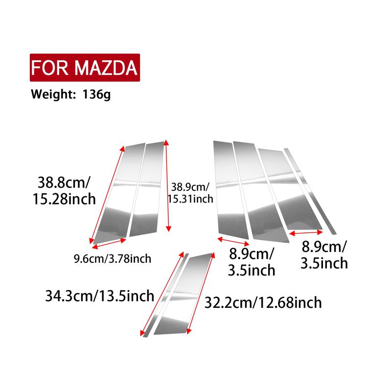 Mirror-finish B-pillar sticker set layout with multiple silver strip sizes