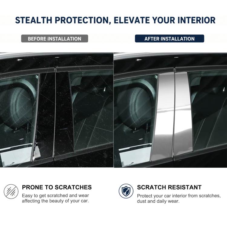 Before-and-after view of mirror-finish B-pillar stickers covering the door pillar