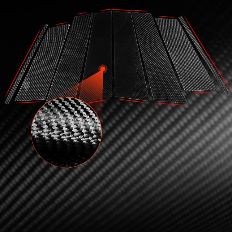 Black carbon fiber style B-pillar trim stickers with red accent edge, close-up texture