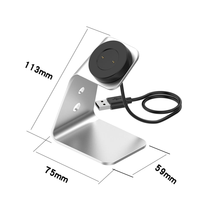 Grey and silver magnetic watch charger stand with USB cable, size diagram