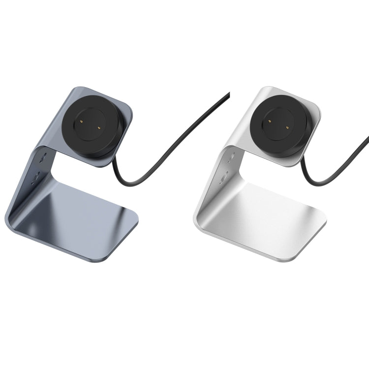 Magnetic aluminum alloy watch charger stand with cable, shown in grey and white