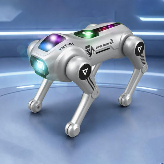Silver RC stunt robot dog with glowing head and side lights, pose-ready legs