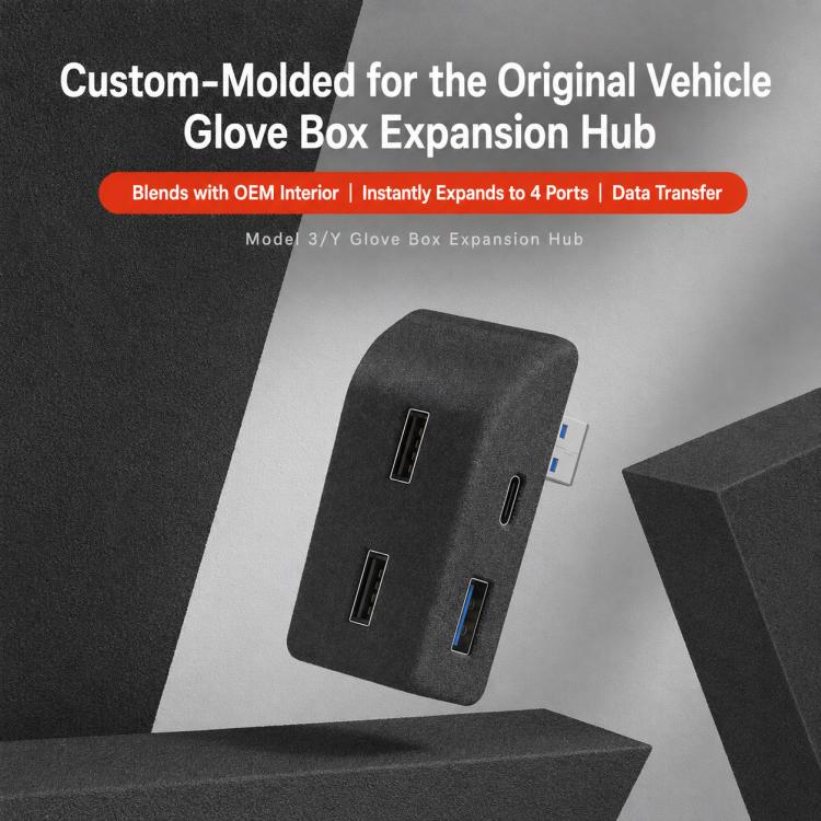 Black glove box expansion hub with four USB ports, angled front view