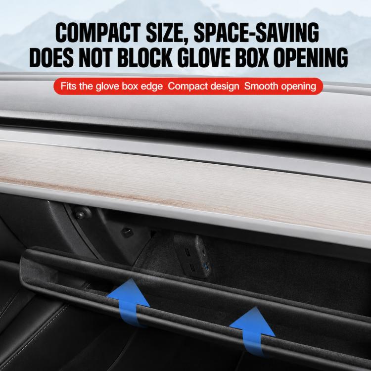 Black car console docking station mounted at glove box edge, space-saving