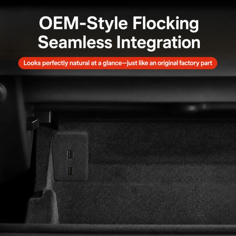 Black OEM-style flocked glove box expansion hub with two USB ports visible