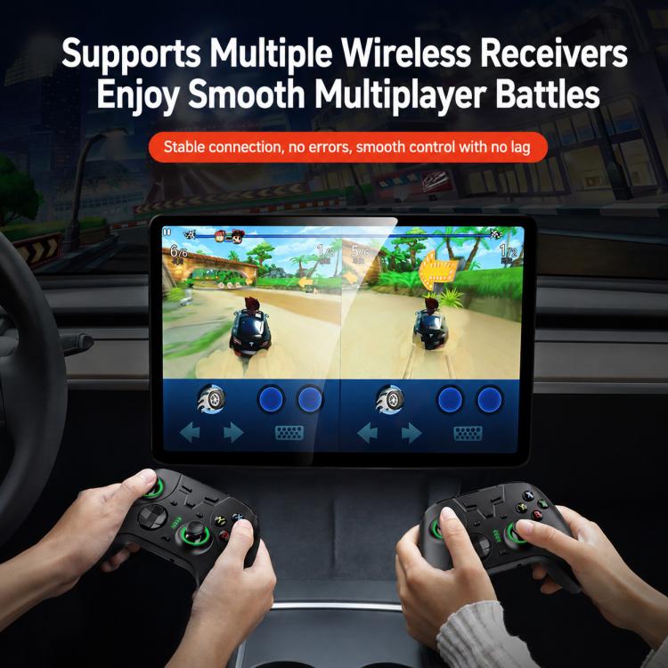 Car dashboard screen showing multiplayer game with hands holding controllers