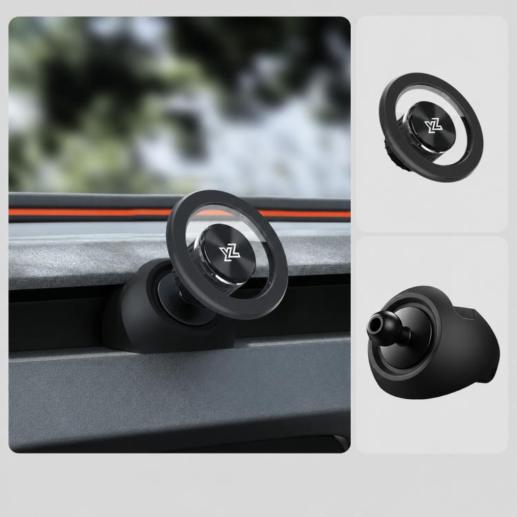 Black magnetic phone holder with circular base and side view of mount