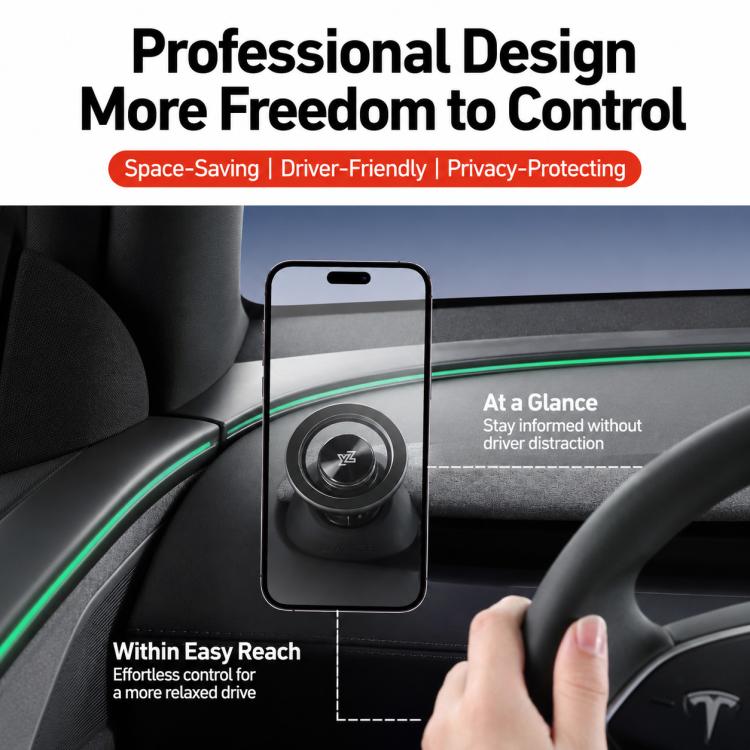 Black magnetic phone holder holding a smartphone on car dashboard