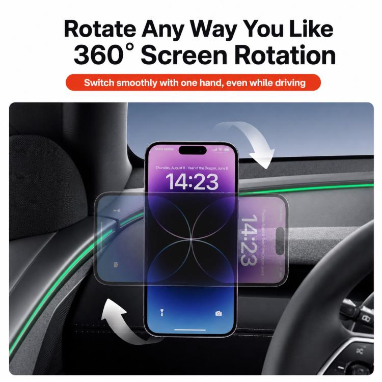 Black magnetic phone holder with 360-degree screen rotation shown