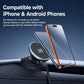 Black magnetic phone holder with two phones attached, ring base on dashboard