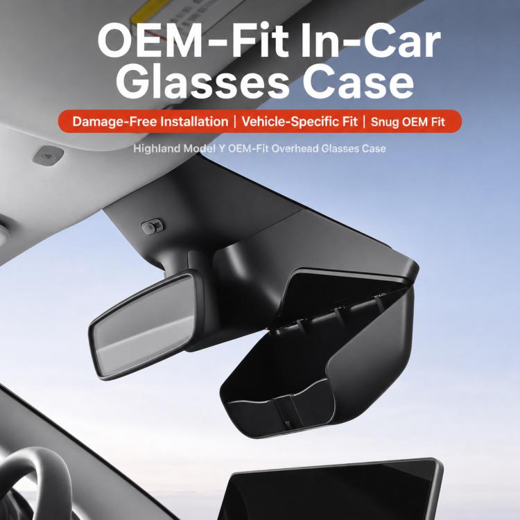 Overhead-mounted black eyeglasses case holder in a car headliner area