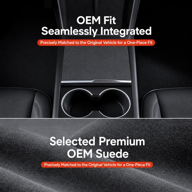Black suede center console protective film over OEM-style trim and cup holder section