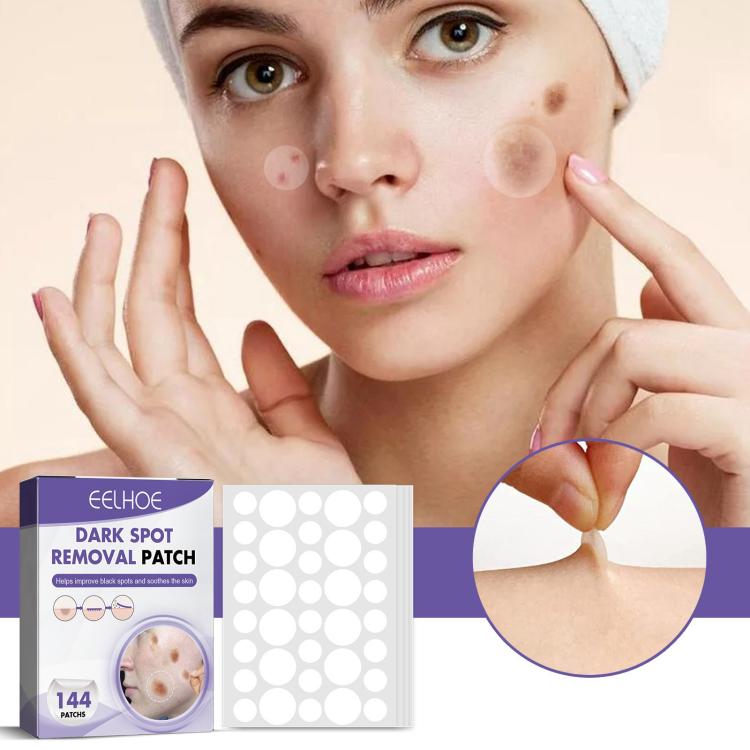 EELHOE dark spot removal facial patches on skin with product box and patch sheet