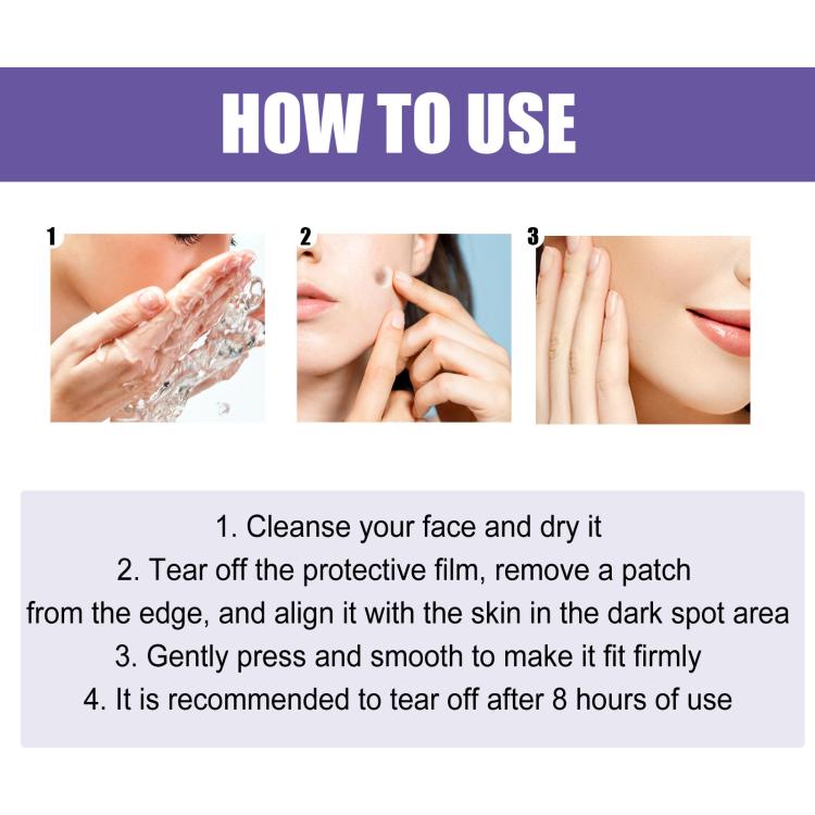 Dark spot removal patch use steps: cleanse, apply, press, wear up to 8 hours