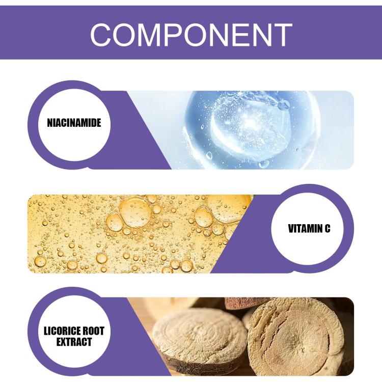Component graphic for dark spot removal patches: vitamin C, niacinamide, licorice root
