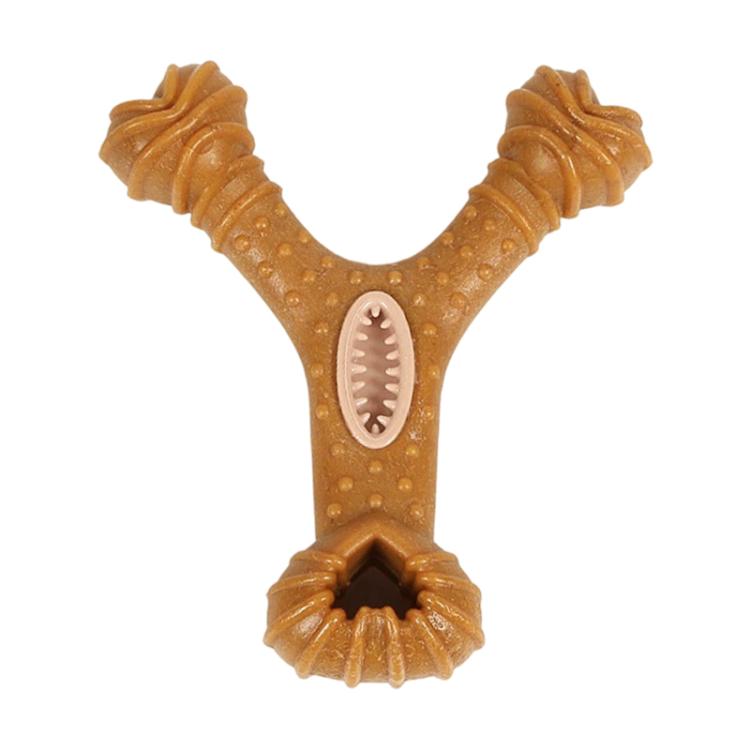 Brown Y-shaped dental chew treat toy with ridged arms and oval tooth-cleaning insert