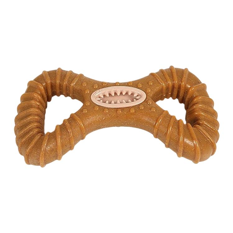 Brown 8-shaped dental chew treat toy with ridged loops and oval tooth-cleaning insert
