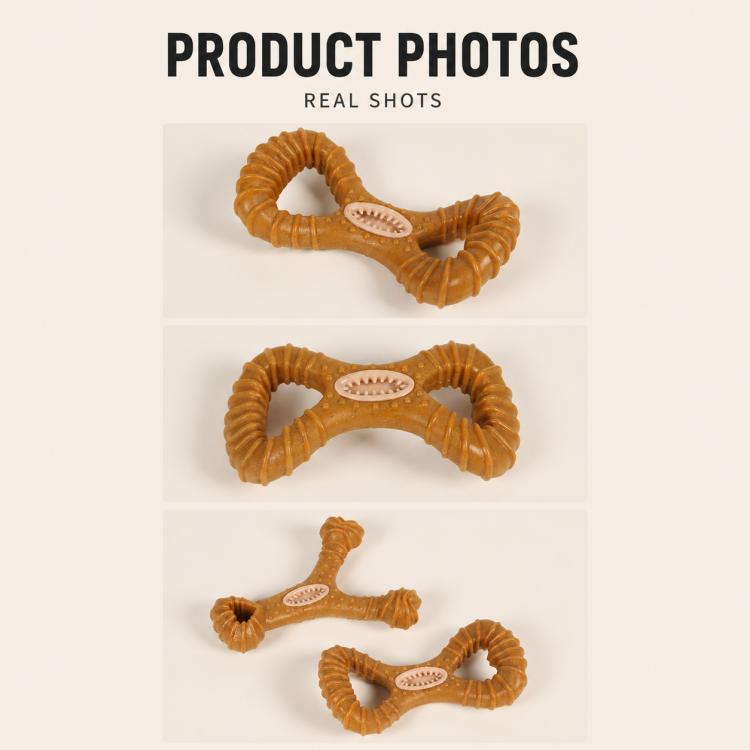 Brown dental chew treat toys shown from multiple angles: Y-shaped and 8-shaped with tooth insert