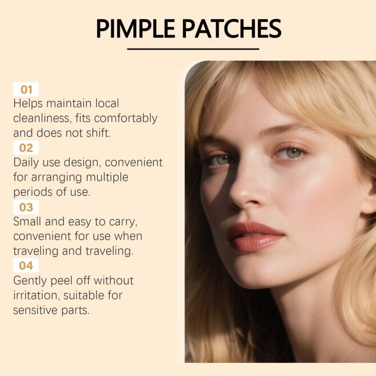 Pimple patch feature card with numbered benefits and a model portrait