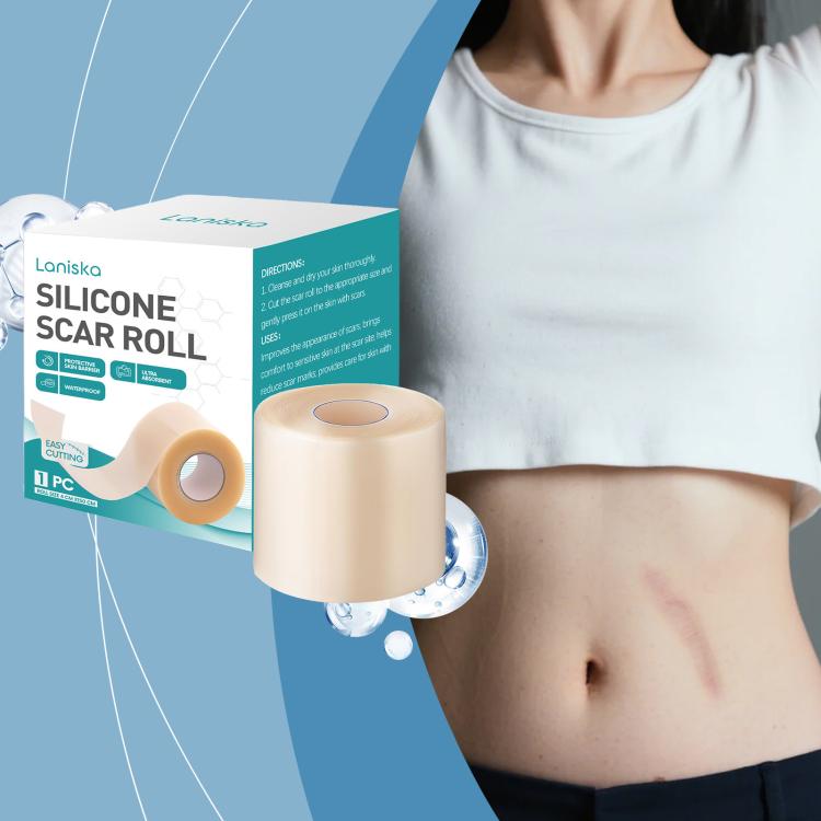 Silicone scar roll applicator on skin with beige roll and product box