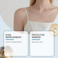 Beige silicone scar roll applicator near skin with protective barrier and comfort cards