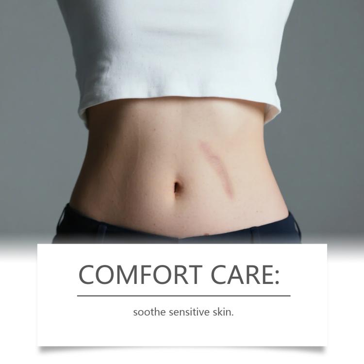 Skin with visible scar and comfort care label beneath