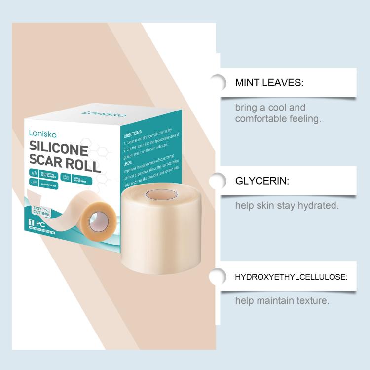 Silicone scar roll packaging with beige roll and ingredient callouts