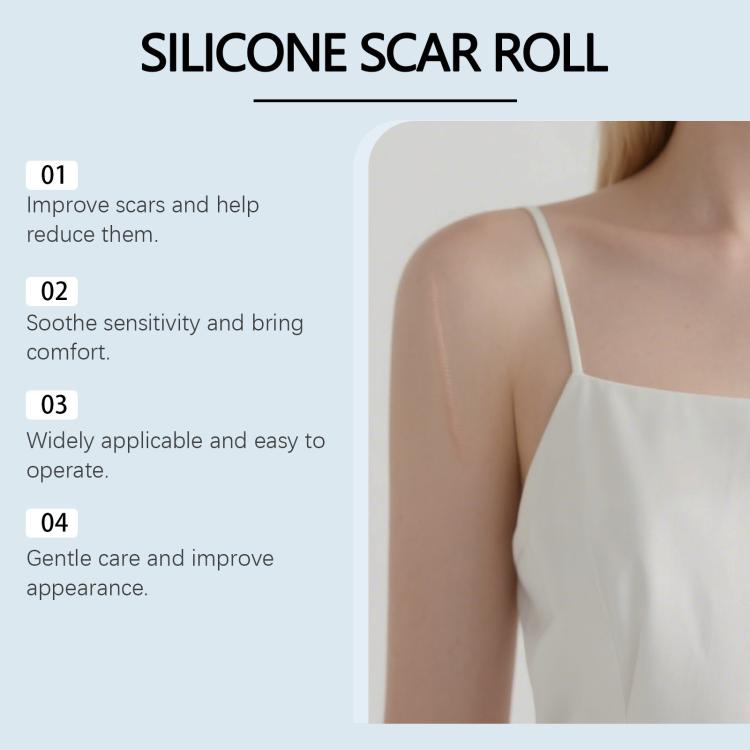 Silicone scar roll information panel beside skin showing the applicator